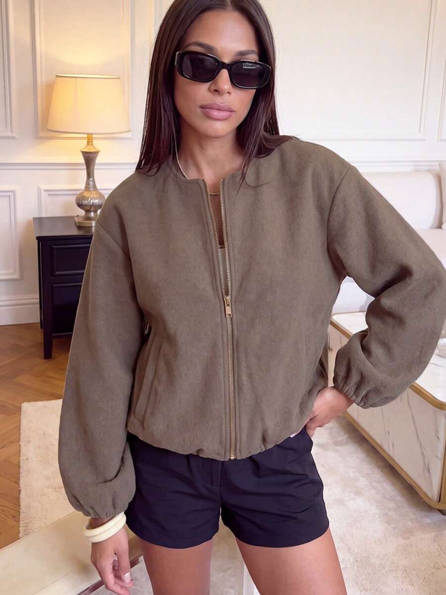 Lillehammer Wool Look Zip Up Cropped Bomber Jacket