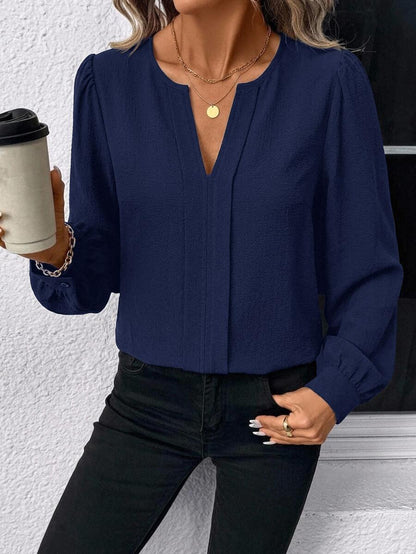 Nell Long Sleeve Blouse with Split V Neck and Lantern Sleeves - Navy