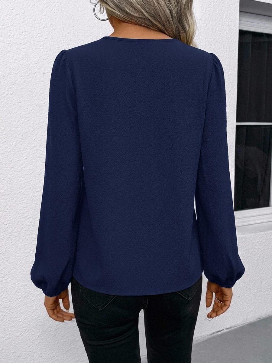 Nell Long Sleeve Blouse with Split V Neck and Lantern Sleeves - Navy