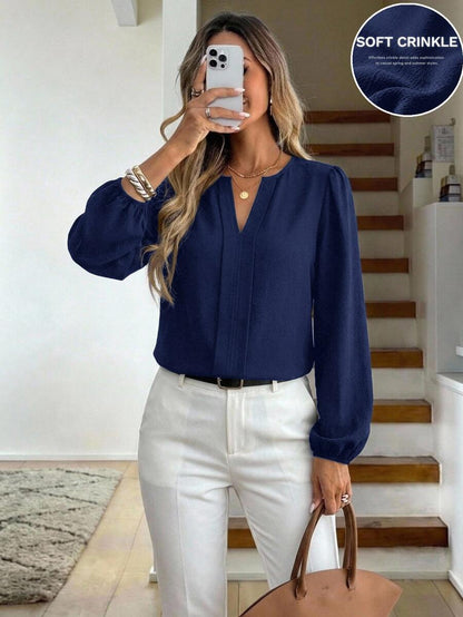 Nell Long Sleeve Blouse with Split V Neck and Lantern Sleeves - Navy