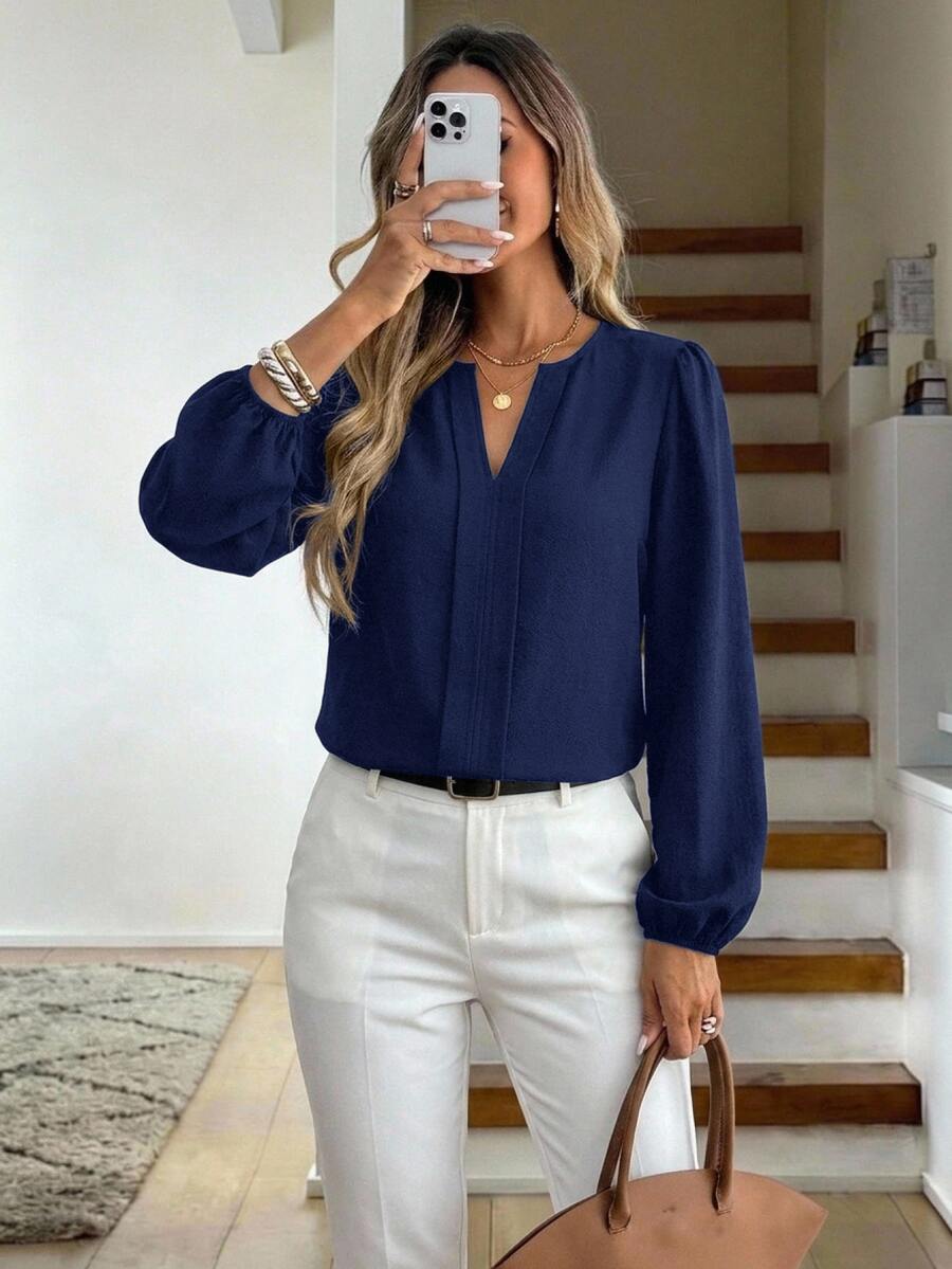 Nell Long Sleeve Blouse with Split V Neck and Lantern Sleeves - Navy