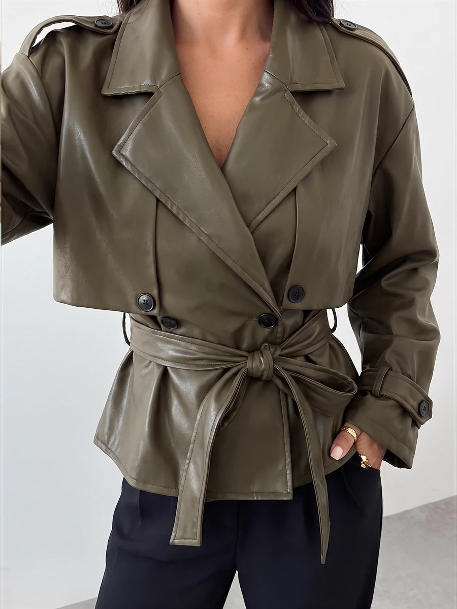 Ilse Cropped Belted Trench Coat with Tie Waist and Collar - Olive Faux Leather