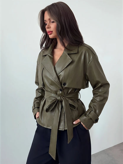 Ilse Cropped Belted Trench Coat with Tie Waist and Collar - Olive Faux Leather