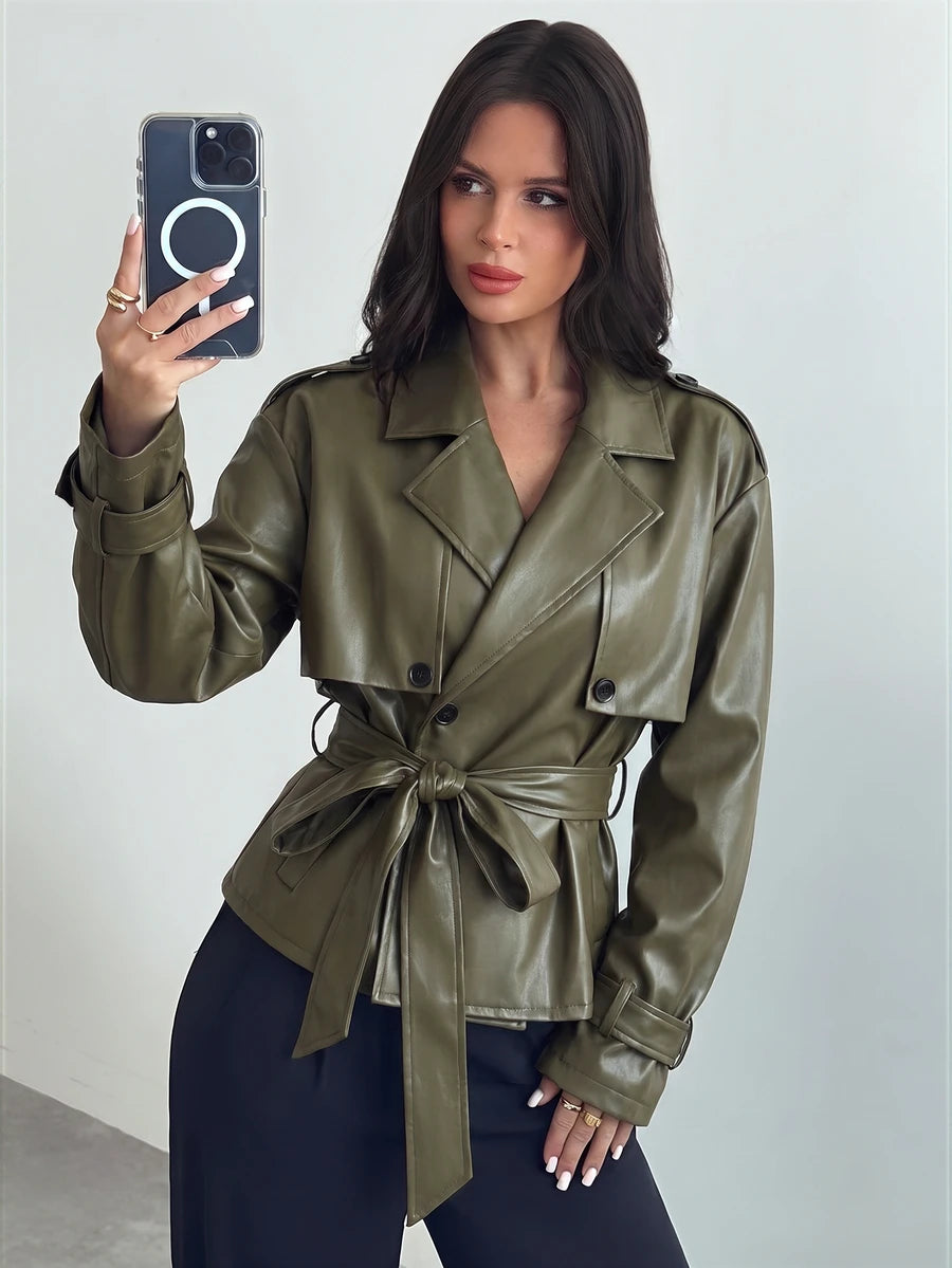 Ilse Cropped Belted Trench Coat with Tie Waist and Collar - Olive Faux Leather