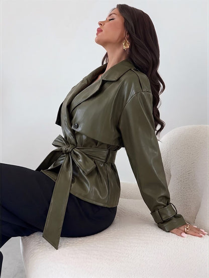 Ilse Cropped Belted Trench Coat with Tie Waist and Collar - Olive Faux Leather