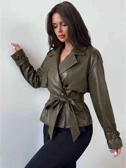 Ilse Cropped Belted Trench Coat with Tie Waist and Collar - Olive Faux Leather
