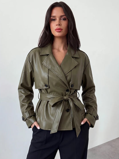 Ilse Cropped Belted Trench Coat with Tie Waist and Collar - Olive Faux Leather