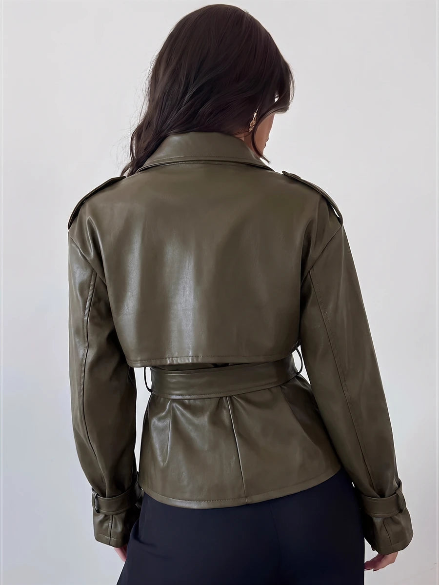 Ilse Cropped Belted Trench Coat with Tie Waist and Collar - Olive Faux Leather