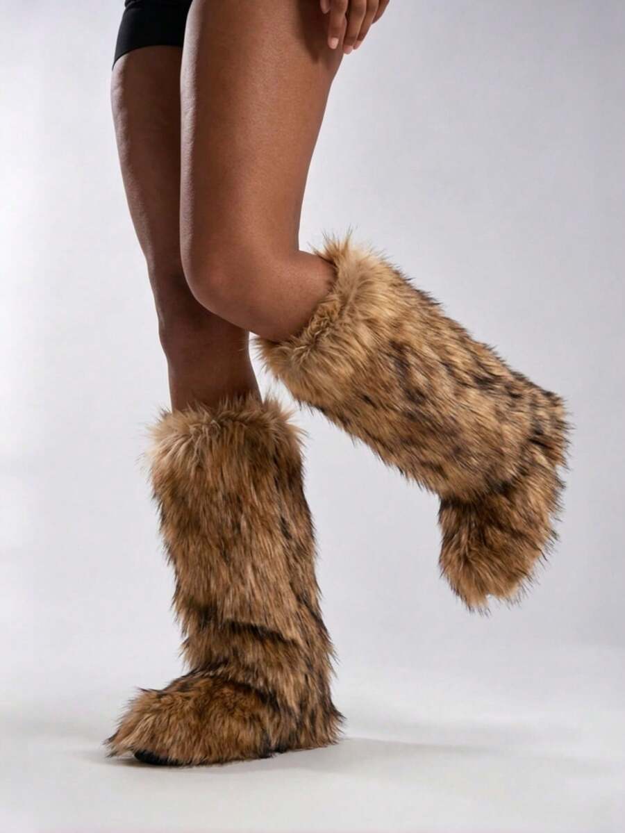 Women's Winter Furry Snow Boots Fuzzy Fluffy Round Toe Suede Booties Flat Heel Slip On Outdoor Indoor Shoes Fashion Warm Fluffy Shoes Mensa