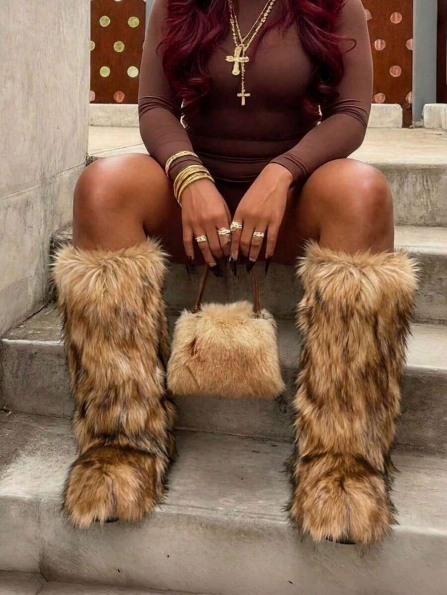Women's Winter Furry Snow Boots Fuzzy Fluffy Round Toe Suede Booties Flat Heel Slip On Outdoor Indoor Shoes Fashion Warm Fluffy Shoes Mensa