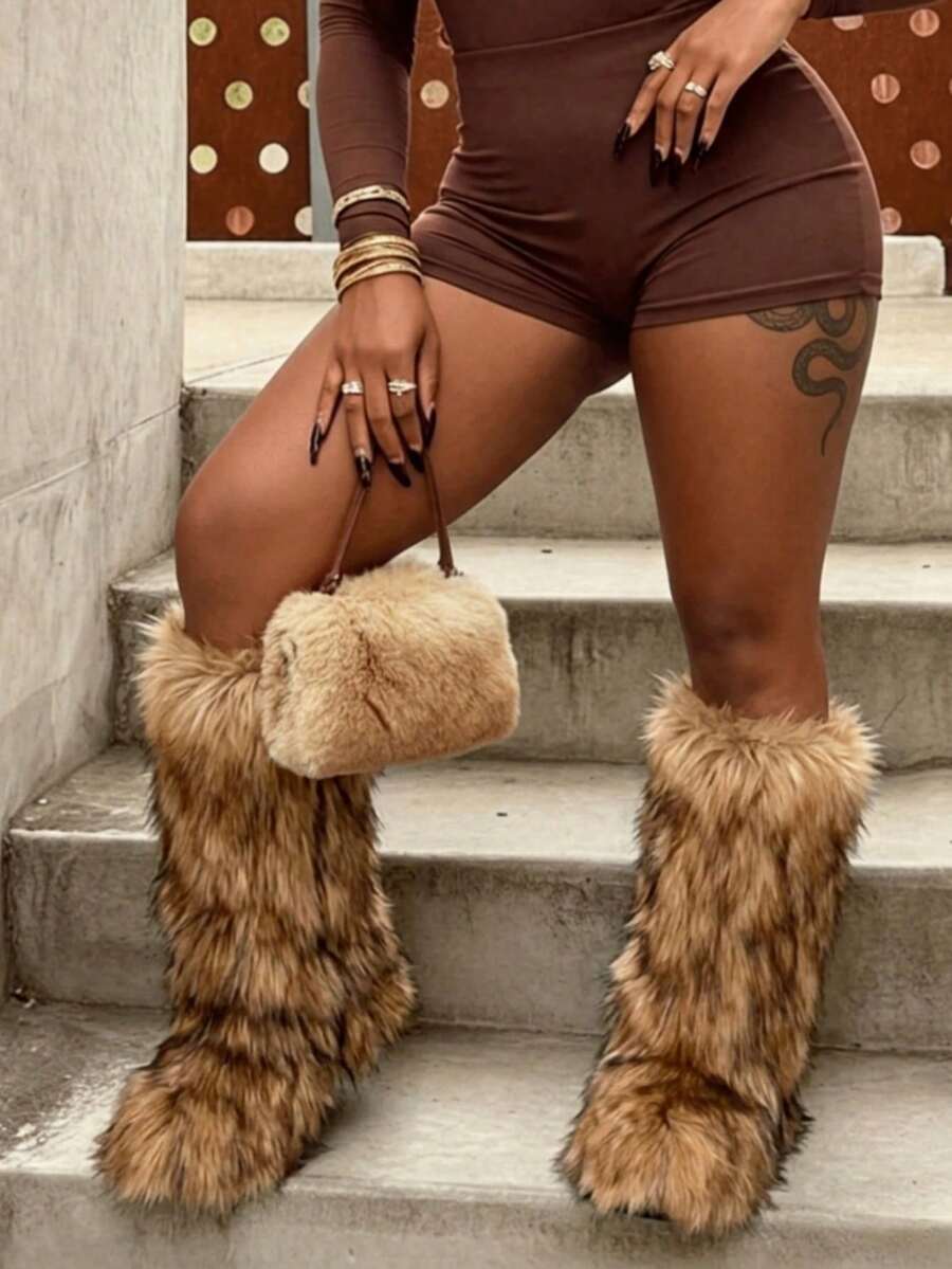 Women's Winter Furry Snow Boots Fuzzy Fluffy Round Toe Suede Booties Flat Heel Slip On Outdoor Indoor Shoes Fashion Warm Fluffy Shoes Mensa