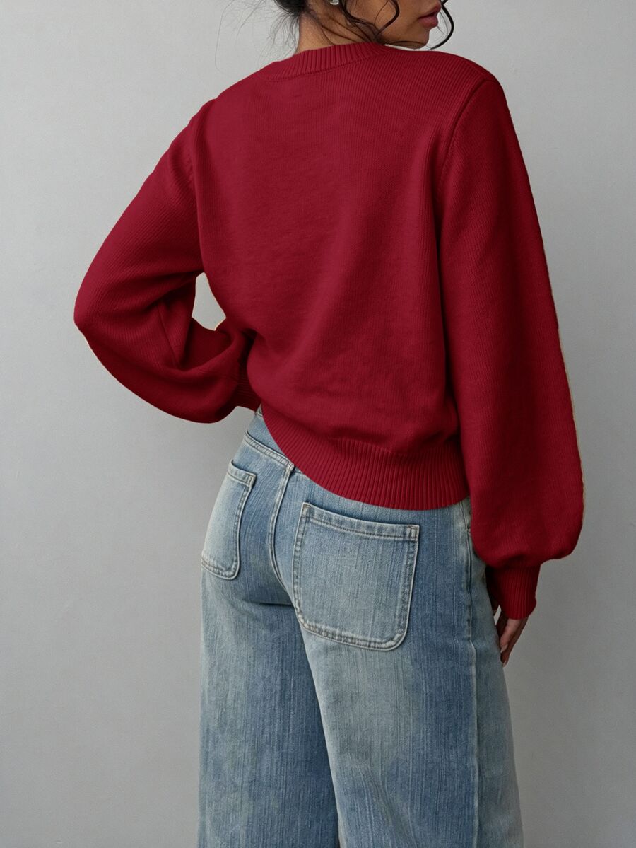 Aurelia Chunky Waffle Knit Crew Neck Relaxed Sweater - Burgundy