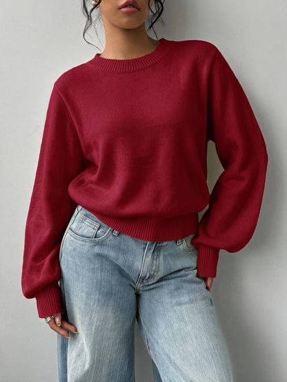Aurelia Chunky Waffle Knit Crew Neck Relaxed Sweater - Burgundy