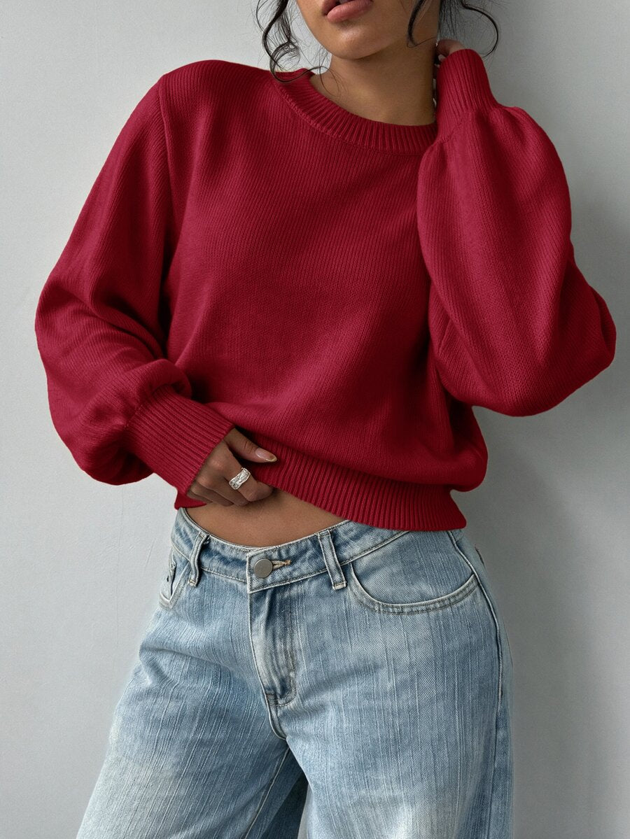 Aurelia Chunky Waffle Knit Crew Neck Relaxed Sweater - Burgundy