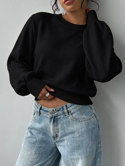 Aurelia Chunky Waffle Knit Crew Neck Relaxed Sweater - Black