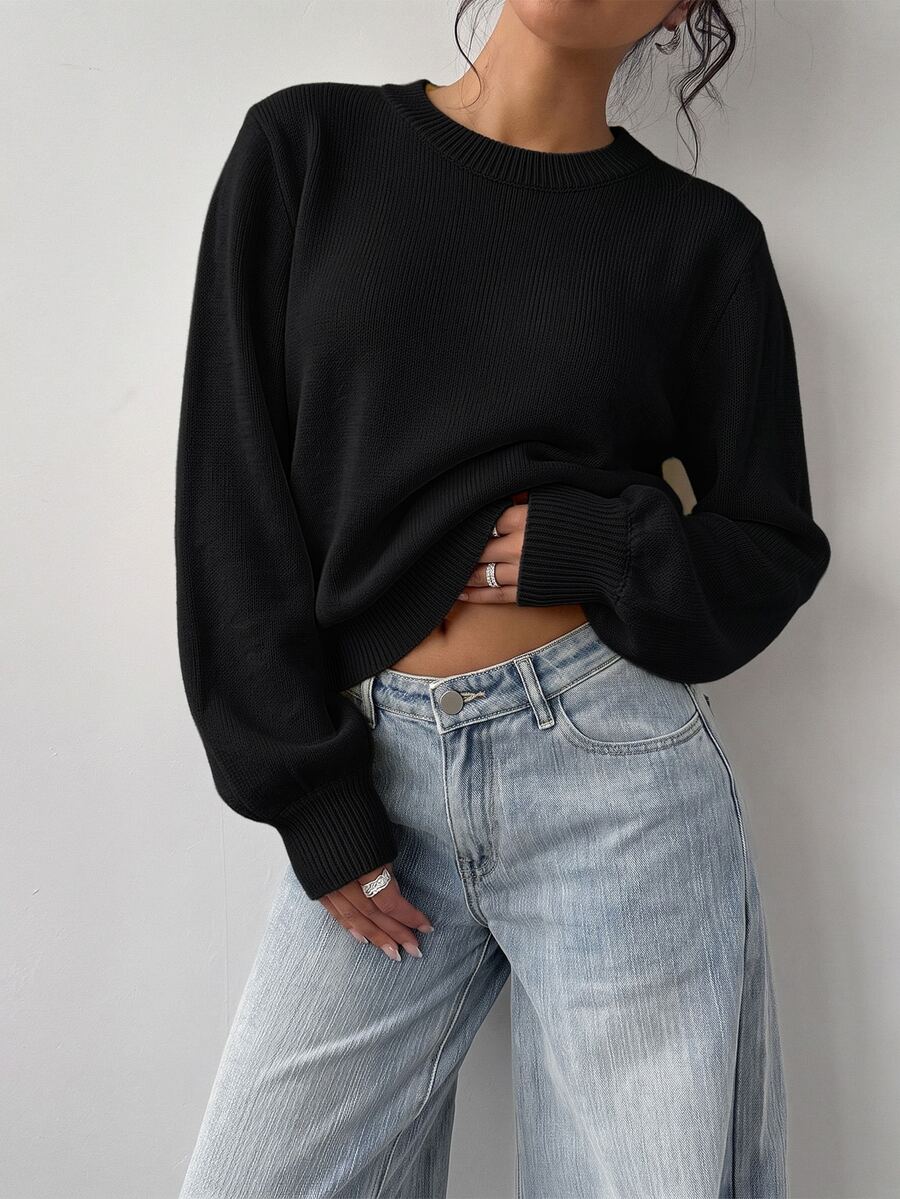 Aurelia Chunky Waffle Knit Crew Neck Relaxed Sweater - Black