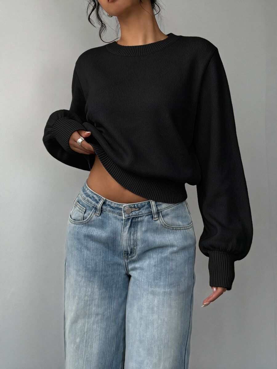 Aurelia Chunky Waffle Knit Crew Neck Relaxed Sweater - Black