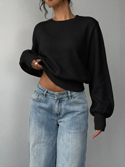 Aurelia Chunky Waffle Knit Crew Neck Relaxed Sweater - Black