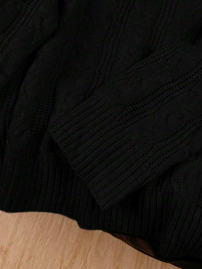 Solenne Oversized Chunky Cable Knit Sweater with Drop Shoulders - Black