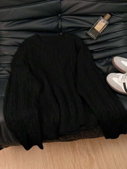Solenne Oversized Chunky Cable Knit Sweater with Drop Shoulders - Black