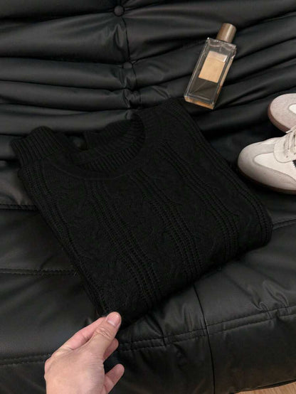 Solenne Oversized Chunky Cable Knit Sweater with Drop Shoulders - Black
