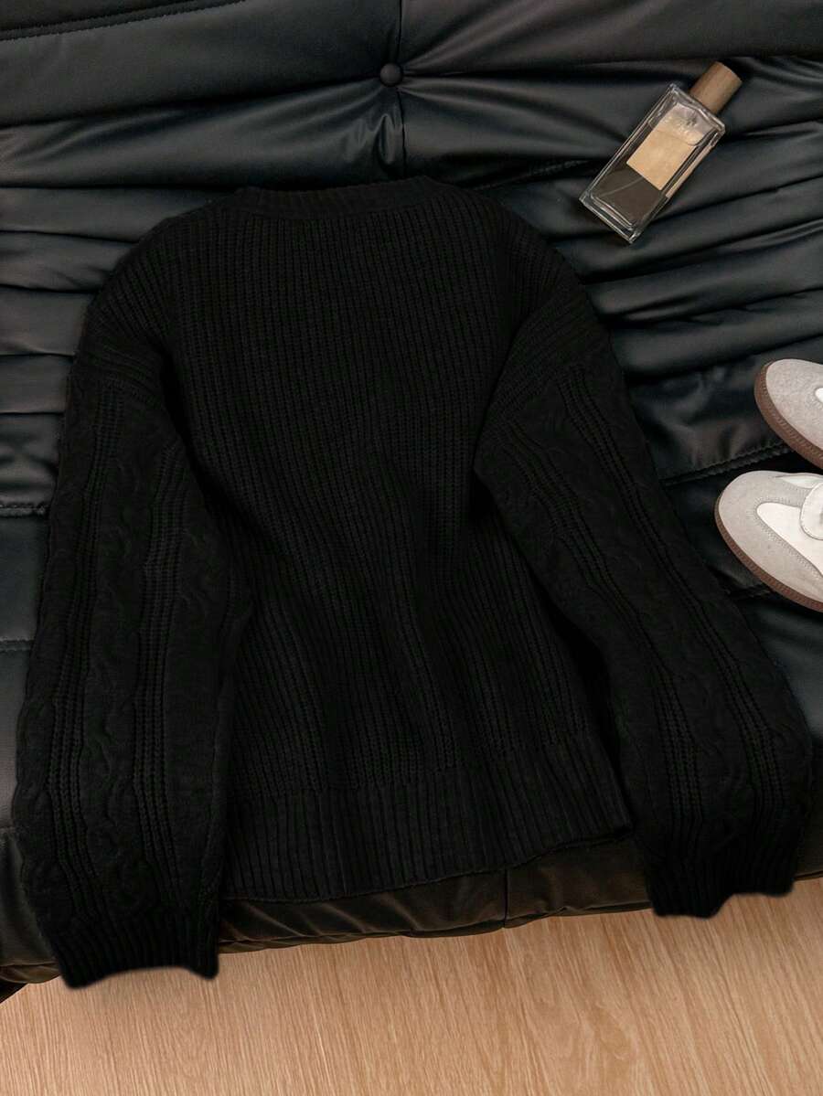 Solenne Oversized Chunky Cable Knit Sweater with Drop Shoulders - Black
