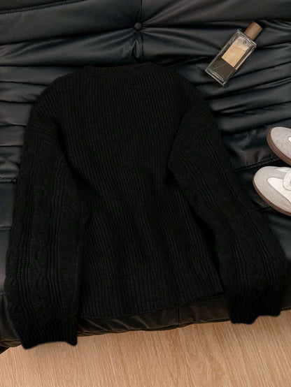 Solenne Oversized Chunky Cable Knit Sweater with Drop Shoulders - Black