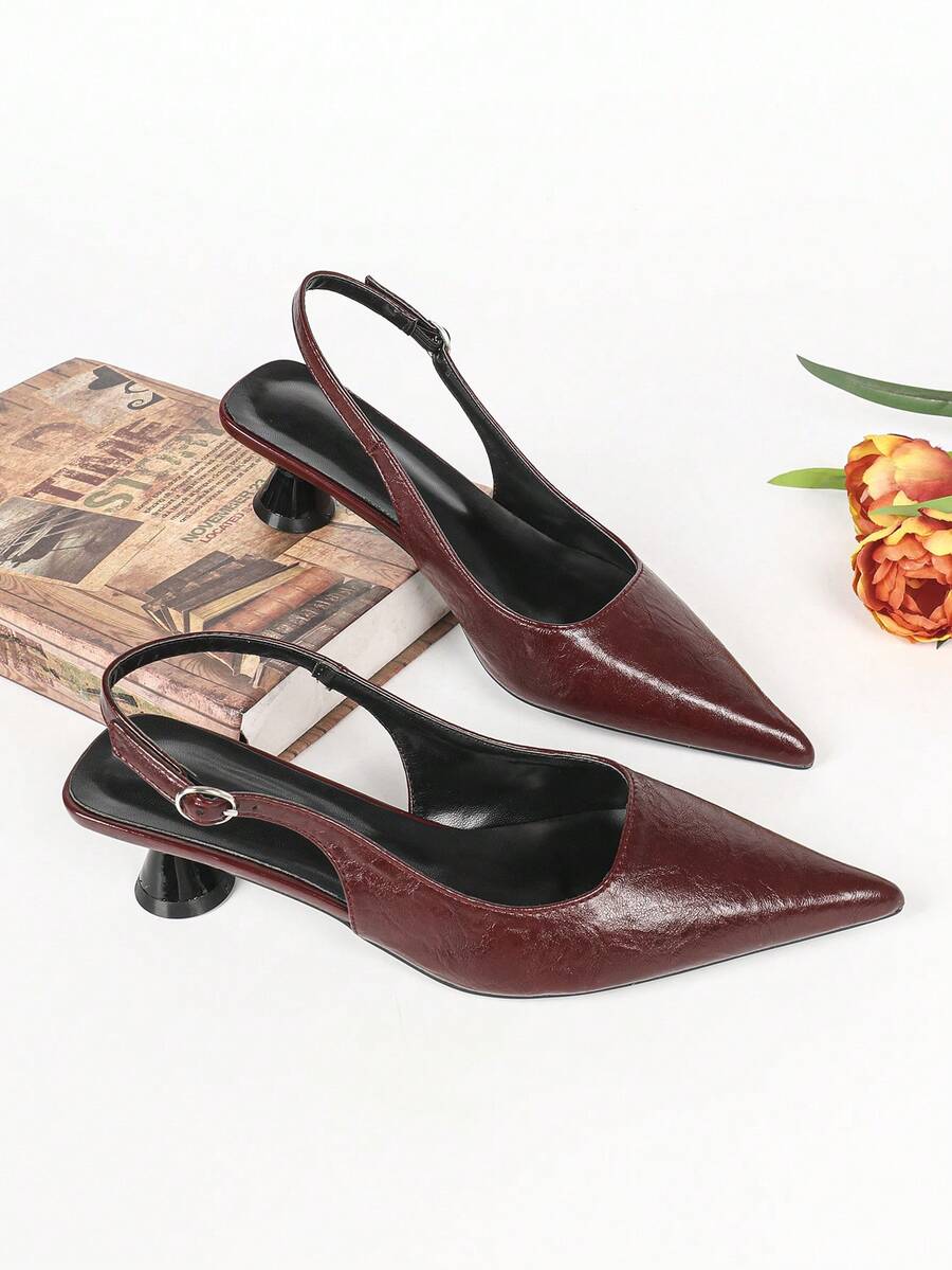 Women's Pointed Toe Slingback Mid Heel Pumps, Glossy Faux Leather Buckle Strap Kitten Heels for Work