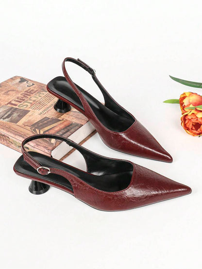 Women's Pointed Toe Slingback Mid Heel Pumps, Glossy Faux Leather Buckle Strap Kitten Heels for Work