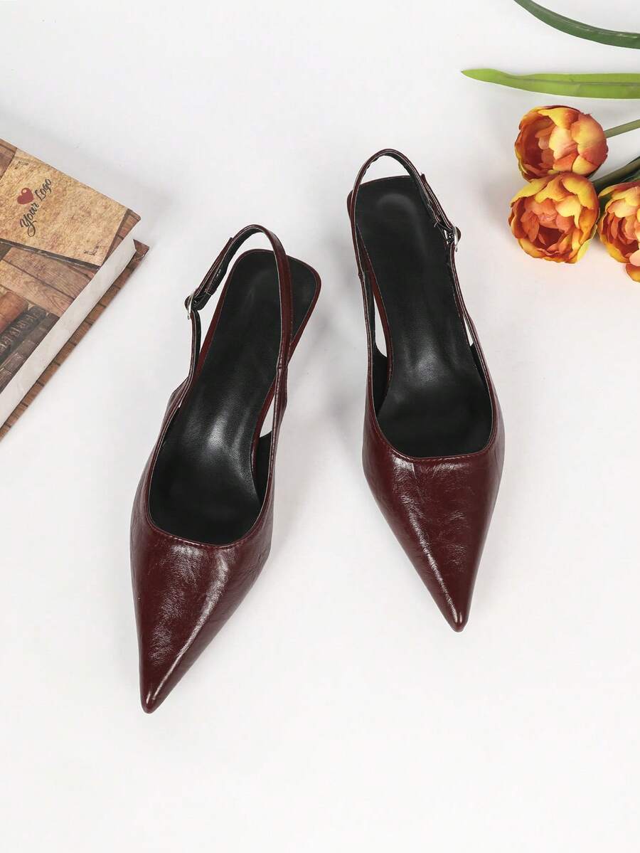 Women's Pointed Toe Slingback Mid Heel Pumps, Glossy Faux Leather Buckle Strap Kitten Heels for Work