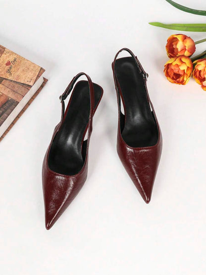 Women's Pointed Toe Slingback Mid Heel Pumps, Glossy Faux Leather Buckle Strap Kitten Heels for Work