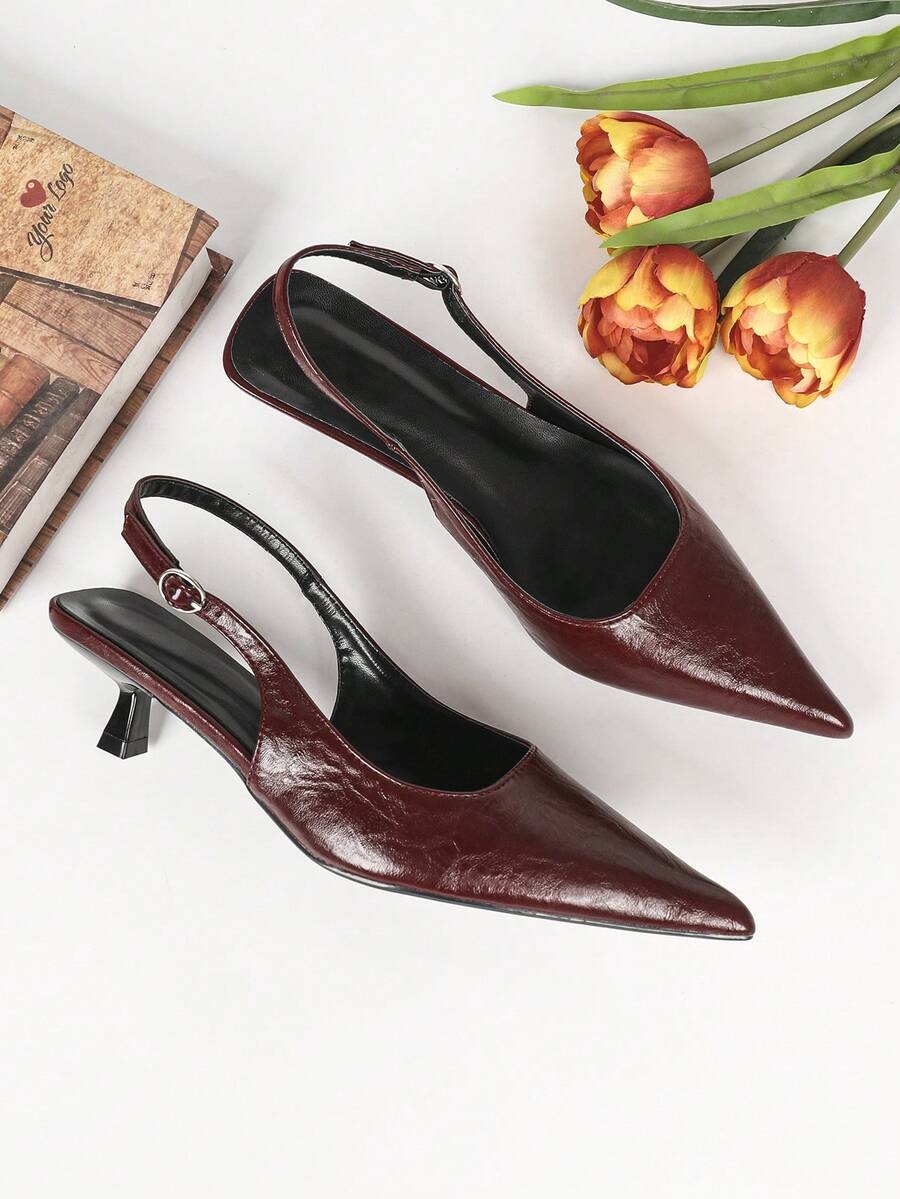 Women's Pointed Toe Slingback Mid Heel Pumps, Glossy Faux Leather Buckle Strap Kitten Heels for Work - Dark Red