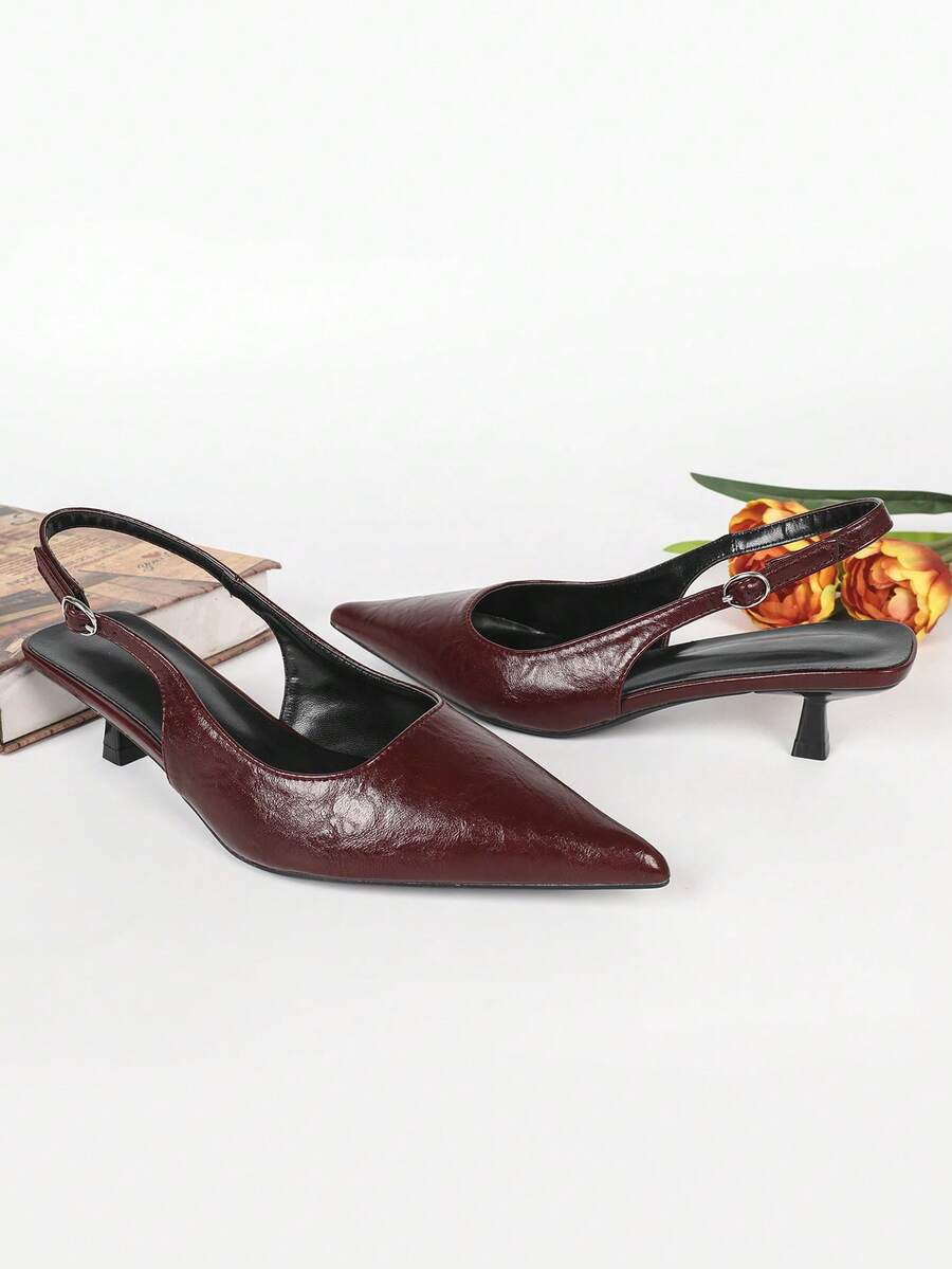 Women's Pointed Toe Slingback Mid Heel Pumps, Glossy Faux Leather Buckle Strap Kitten Heels for Work