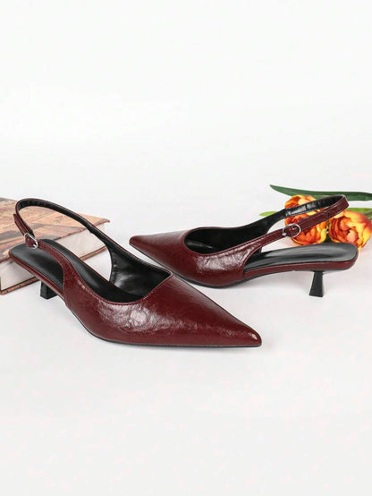 Women's Pointed Toe Slingback Mid Heel Pumps, Glossy Faux Leather Buckle Strap Kitten Heels for Work