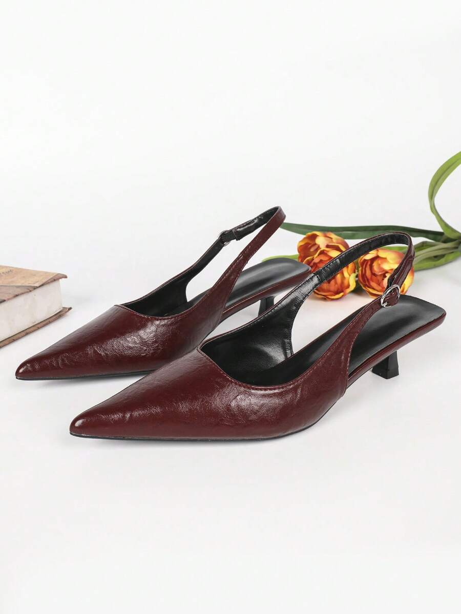 Women's Pointed Toe Slingback Mid Heel Pumps, Glossy Faux Leather Buckle Strap Kitten Heels for Work