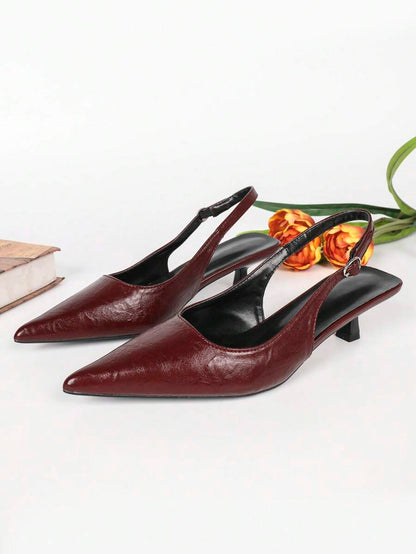 Women's Pointed Toe Slingback Mid Heel Pumps, Glossy Faux Leather Buckle Strap Kitten Heels for Work