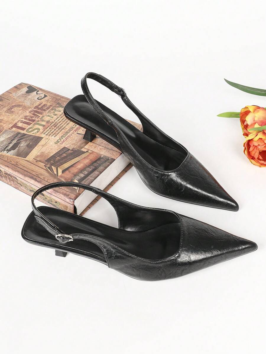 Women's Pointed Toe Slingback Mid Heel Pumps, Glossy Faux Leather Buckle Strap Kitten Heels for Work