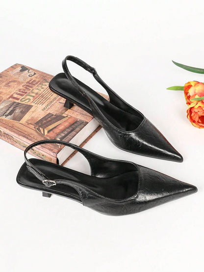 Women's Pointed Toe Slingback Mid Heel Pumps, Glossy Faux Leather Buckle Strap Kitten Heels for Work