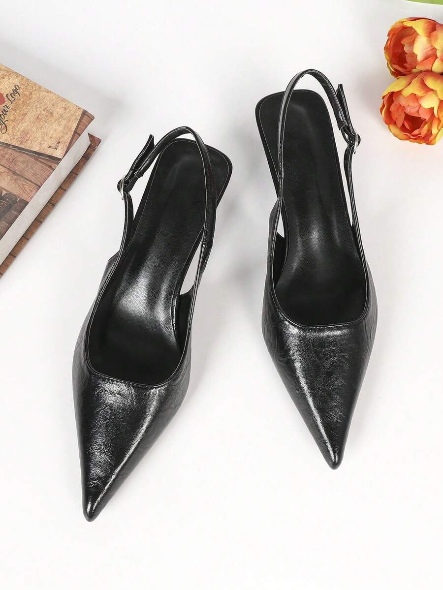 Women's Pointed Toe Slingback Mid Heel Pumps, Glossy Faux Leather Buckle Strap Kitten Heels for Work