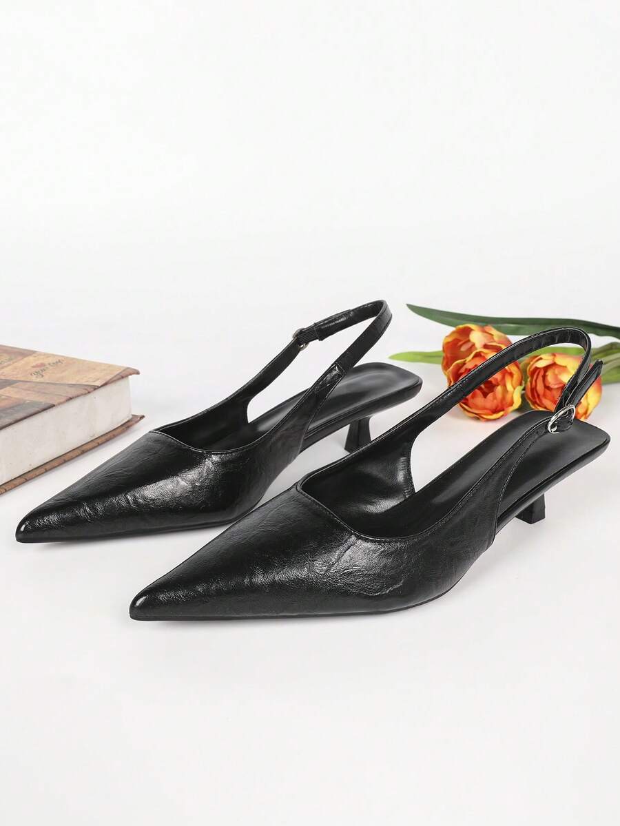 Women's Pointed Toe Slingback Mid Heel Pumps, Glossy Faux Leather Buckle Strap Kitten Heels for Work