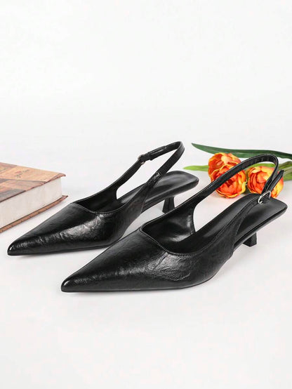 Women's Pointed Toe Slingback Mid Heel Pumps, Glossy Faux Leather Buckle Strap Kitten Heels for Work