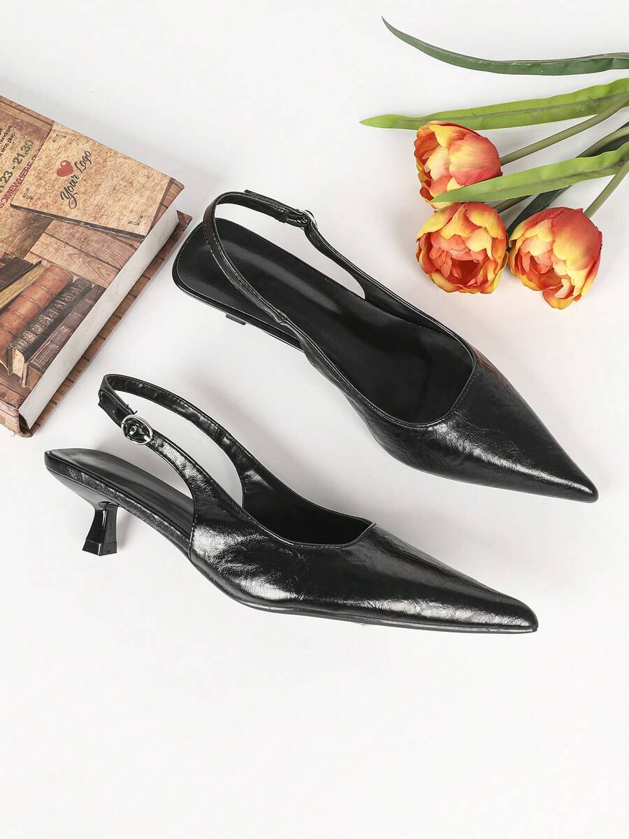 Women's Pointed Toe Slingback Mid Heel Pumps, Glossy Faux Leather Buckle Strap Kitten Heels for Work