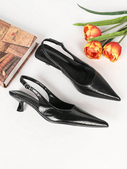 Women's Pointed Toe Slingback Mid Heel Pumps, Glossy Faux Leather Buckle Strap Kitten Heels for Work
