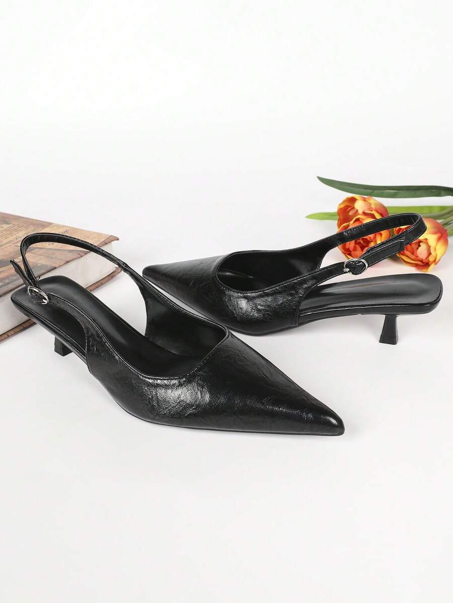 Women's Pointed Toe Slingback Mid Heel Pumps, Glossy Faux Leather Buckle Strap Kitten Heels for Work