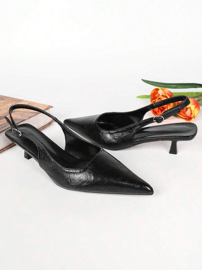 Women's Pointed Toe Slingback Mid Heel Pumps, Glossy Faux Leather Buckle Strap Kitten Heels for Work