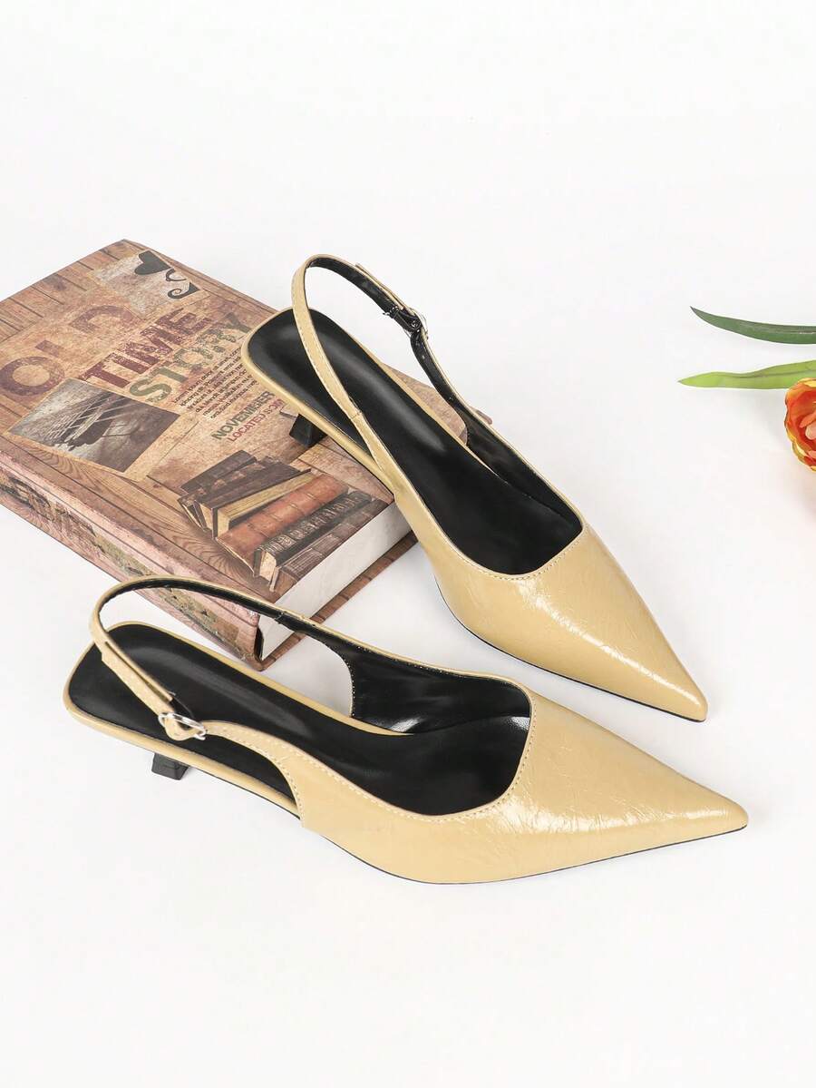 Women's Pointed Toe Slingback Mid Heel Pumps, Glossy Faux Leather Buckle Strap Kitten Heels for Work