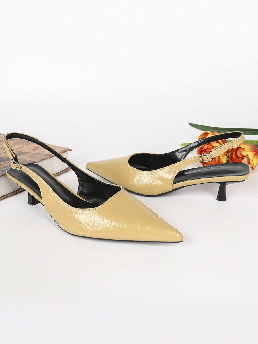 Women's Pointed Toe Slingback Mid Heel Pumps, Glossy Faux Leather Buckle Strap Kitten Heels for Work