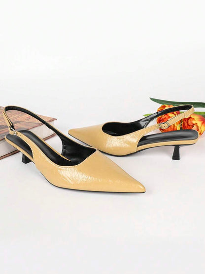 Women's Pointed Toe Slingback Mid Heel Pumps, Glossy Faux Leather Buckle Strap Kitten Heels for Work