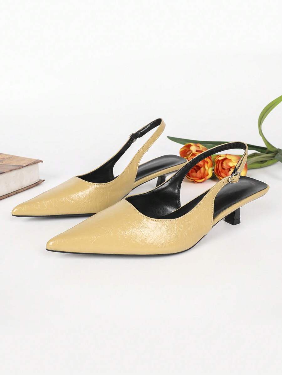 Women's Pointed Toe Slingback Mid Heel Pumps, Glossy Faux Leather Buckle Strap Kitten Heels for Work