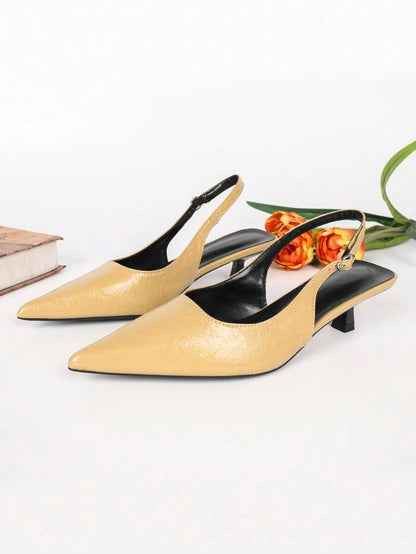 Women's Pointed Toe Slingback Mid Heel Pumps, Glossy Faux Leather Buckle Strap Kitten Heels for Work